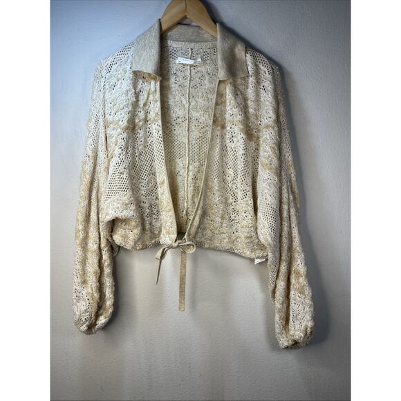 Anthropologie lace knitted adjustable cardigan beige women's XS Small Cropped - Picture 2 of 12
